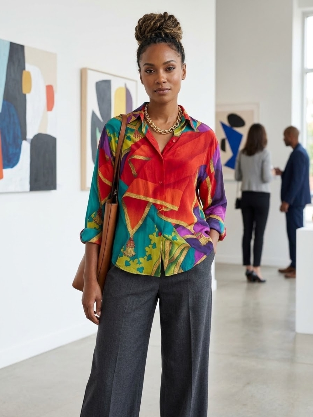 Ellen Tracy Multicolor Silk-Feel Printed Button-Up Blouse